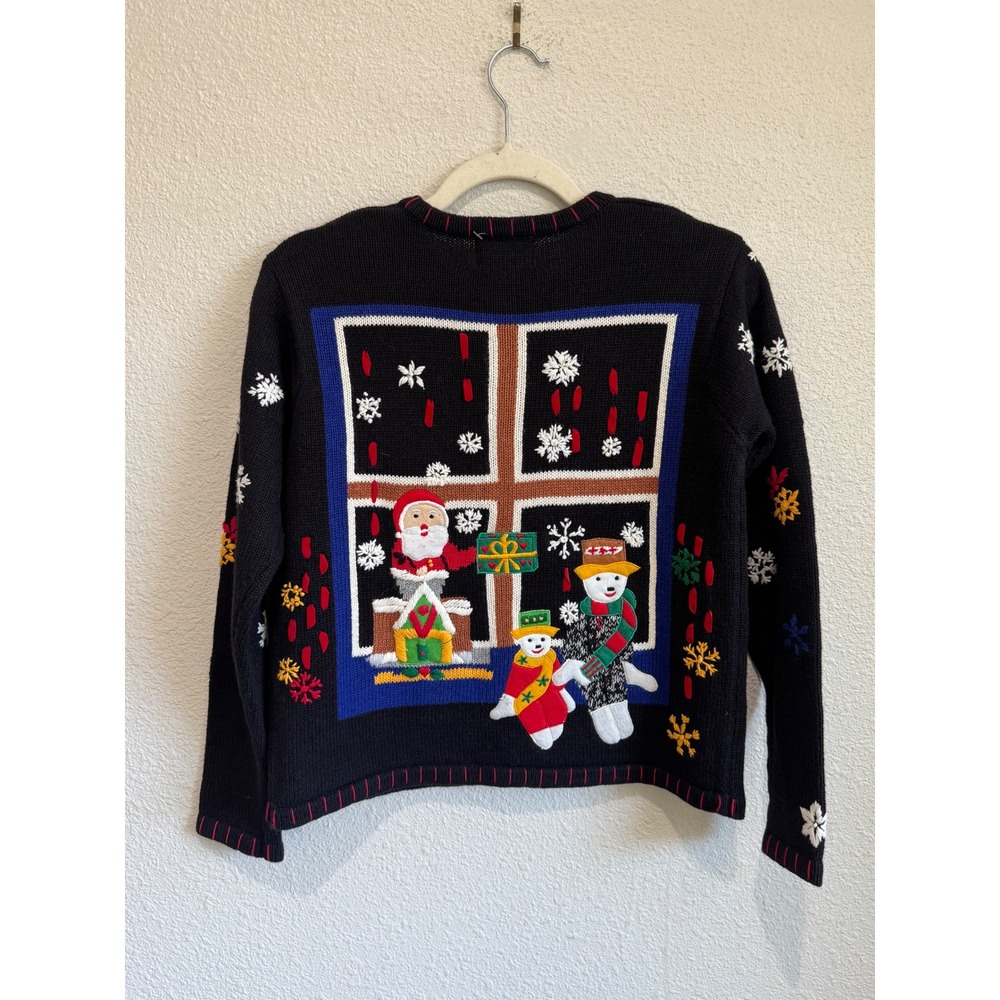 VTG Studio Originals Christmas‎ Sweater Black Santa Snowman Snowflake Cardigan